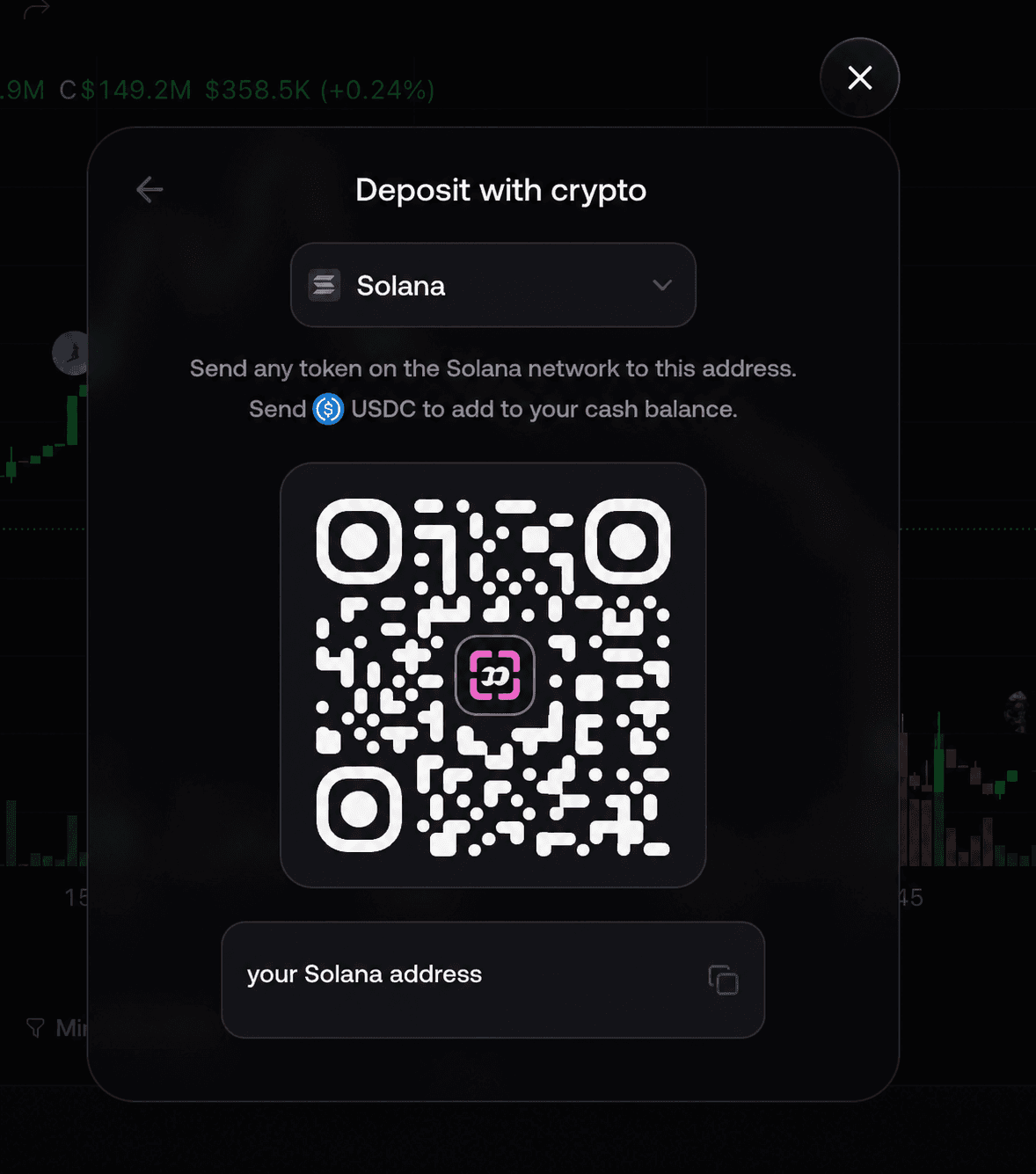 FOMO Solana deposit screen with a safe example QR